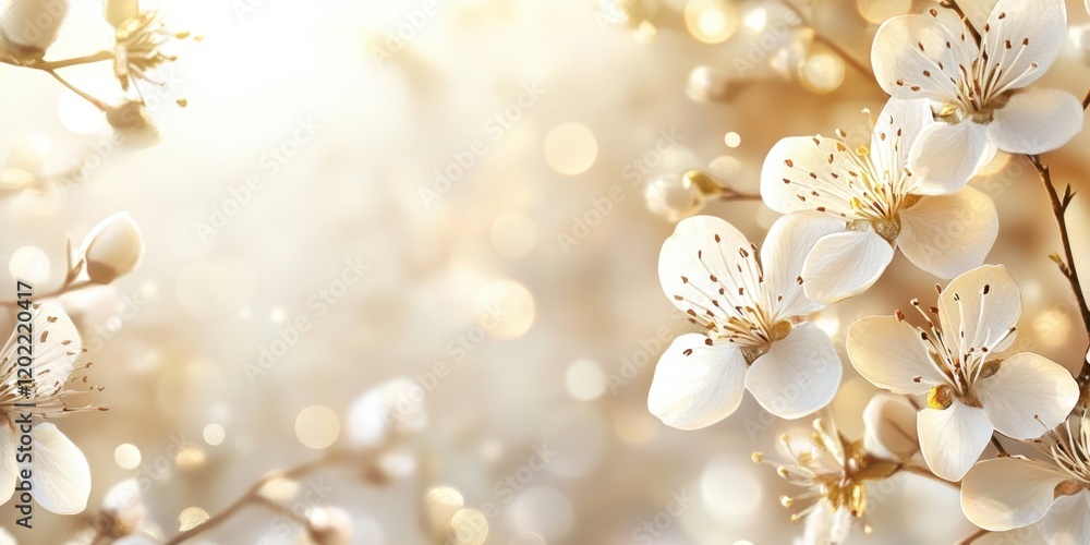 White blossoms fill the frame, illuminated by soft, golden light, evoking a peaceful spring atmosphere with hints of warmth and renewal in nature White blossoms fill the frame, illuminated by soft, golden light, evoking a peaceful spring atmosphere with hints of warmth and renewal in nature