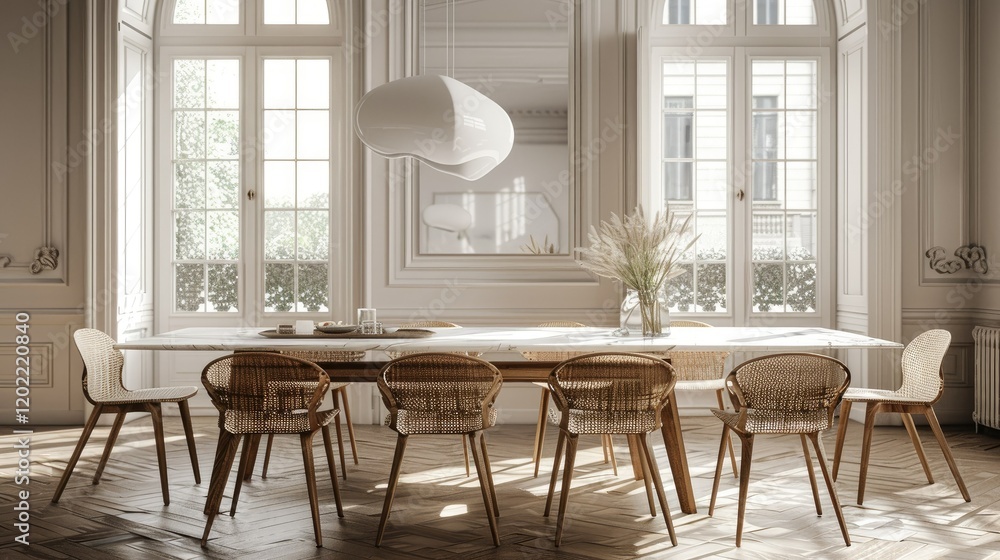 Fototapeta premium A well-lit dining room with large windows allowing natural light to ente