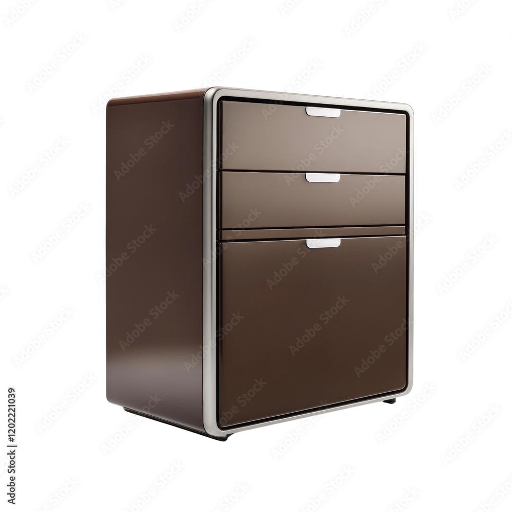A sleek modern brown three-drawer chest, ideal for bedroom or office storage. A sleek modern brown three-drawer chest, ideal for bedroom or office storage.