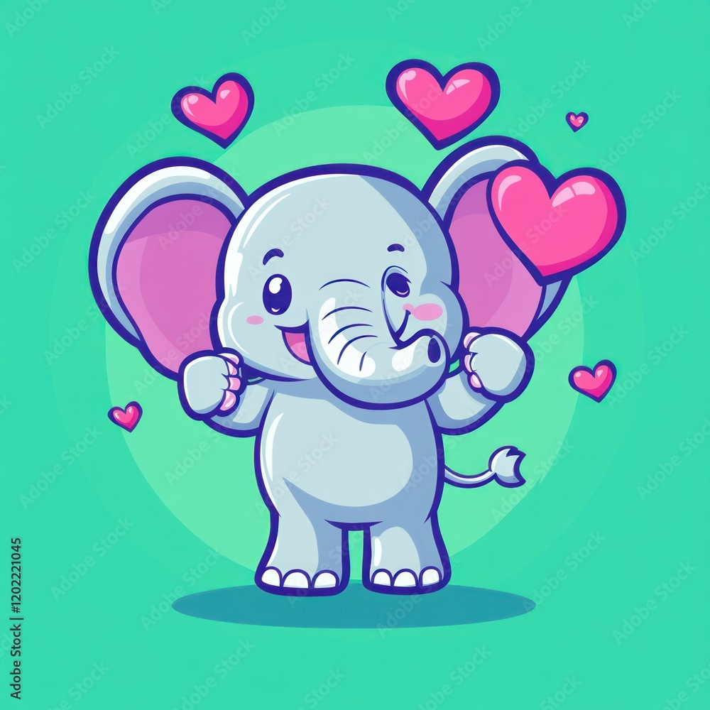 Cute baby elephant surrounded by hearts; Valentine's Day card design