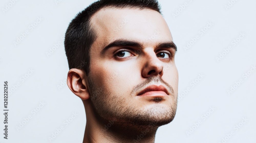 Confident young man with stylish haircut poses against neutral studio background Confident young man with stylish haircut poses against neutral studio background