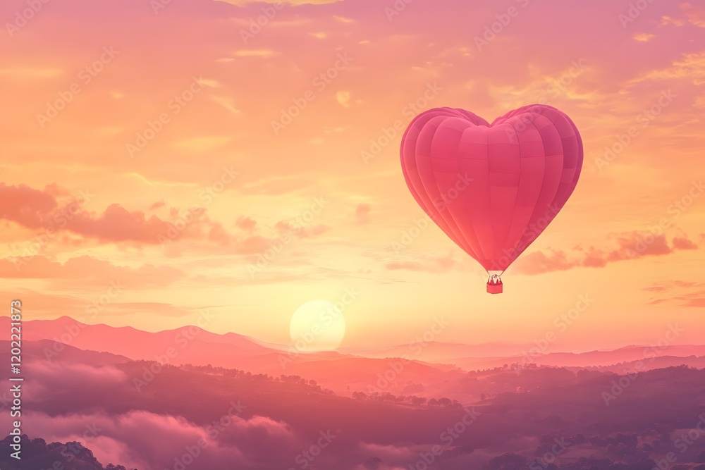 Obraz premium Heart-shaped balloon soars under vibrant sunset.
