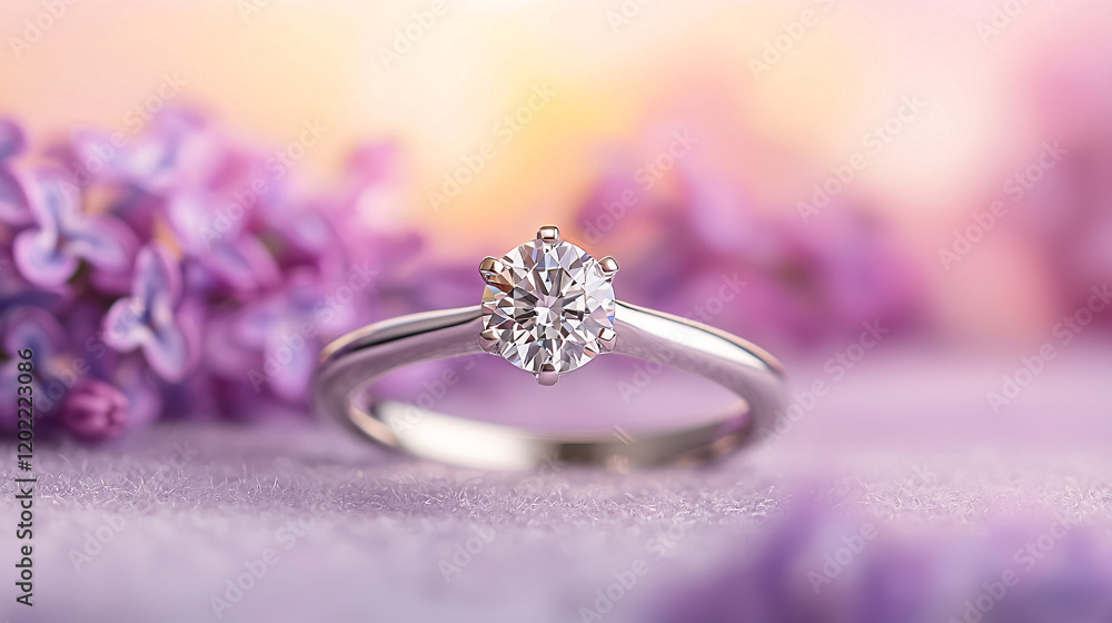 sparkling diamond ring rests elegantly on soft surface, surrounded by delicate lilac flowers, creating romantic and enchanting atmosphere sparkling diamond ring rests elegantly on soft surface, surrounded by delicate lilac flowers, creating romantic and enchanting atmosphere
