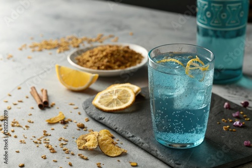 A sprinkle of dried lemon peel on a clear blue glass of water adds a touch of rustic charm and whimsy to the scene, clear glass, fluid motion photo