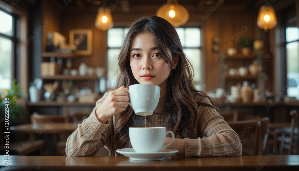 A brunette woman smiles, drinking hot coffee in a cafe A brunette woman smiles, drinking hot coffee in a cafe