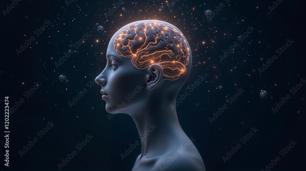 Exploration of neural networks in a digital mind at night with glowing brain activity Exploration of neural networks in a digital mind at night with glowing brain activity