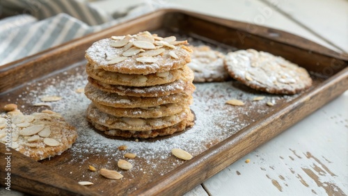 A stack of crunchy almond florentine cookies on a worn wooden tray with a sprinkle of powdered sugar, wood, cookie stack, dessert, baking photo