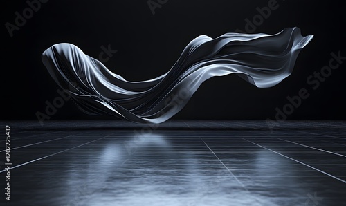 Abstract flowing fabric on reflective grid floor with dark background motion