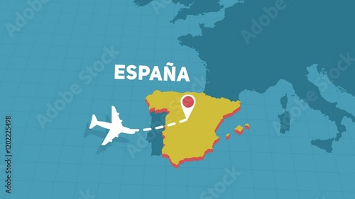 airplane travel plane trip flight to Spain over map of Europe - motion graphics animation