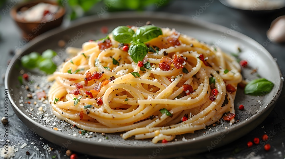 Delicious spaghetti garnished with basil leaves in a plate Delicious spaghetti garnished with basil leaves in a plate