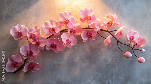 A radiant orchid wall display in an upscale hotel lobby, with soft ambient lighting highlighting each bloom, during a luxurious evening
