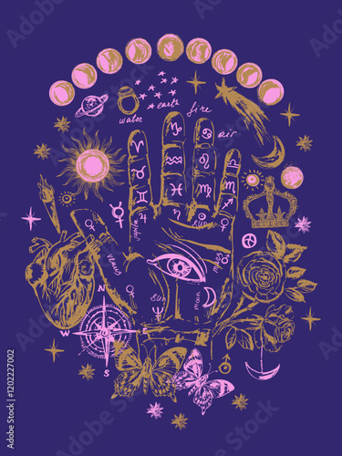 Hand drawn palm with astrological symbols, moon, sun, planets, stars, flowers. Chiromancy palm, palmistry background