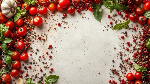 Culinary Background with Tomatoes, Basil, Garlic, and Peppercorns
