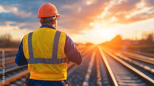 Vibrant photograph of worker in high visibility gear observing sunset over railway tracks, showcasing dedication and safety in transportation industry photo