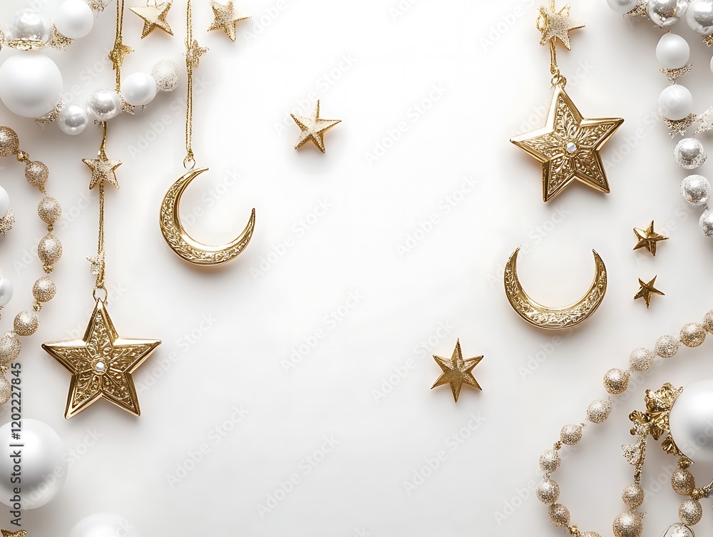 Gold stars moons and white beads adorn a white background Gold stars moons and white beads adorn a white background