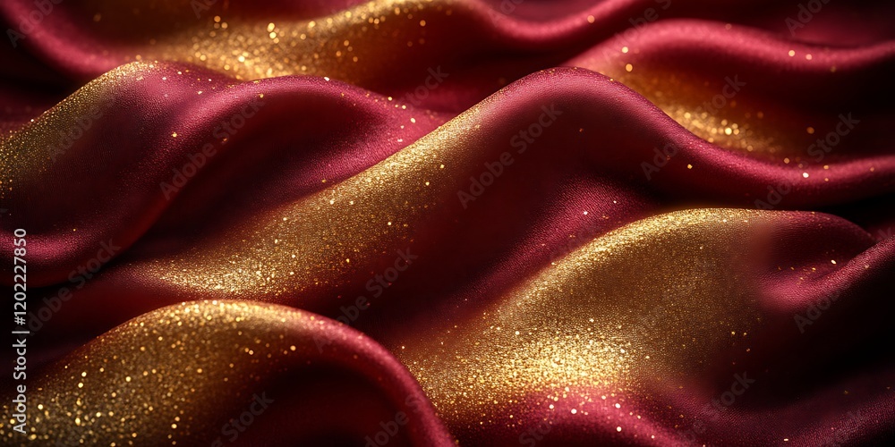 Red and gold glitter satin fabric texture.