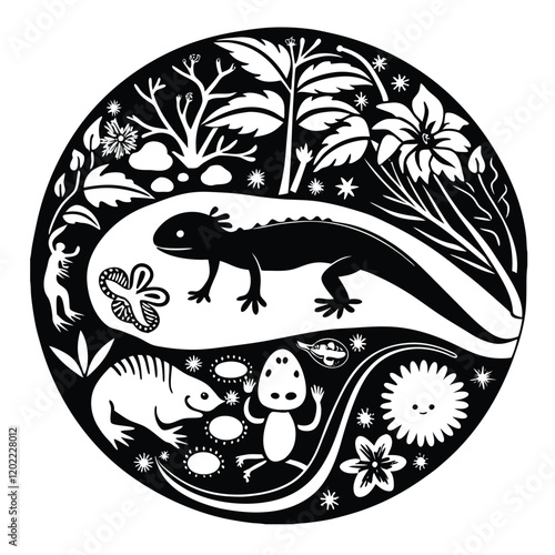 Axoloti  silhouette vector walking in the jungle and different types of animals are watching him and some animals are keep company  him 
