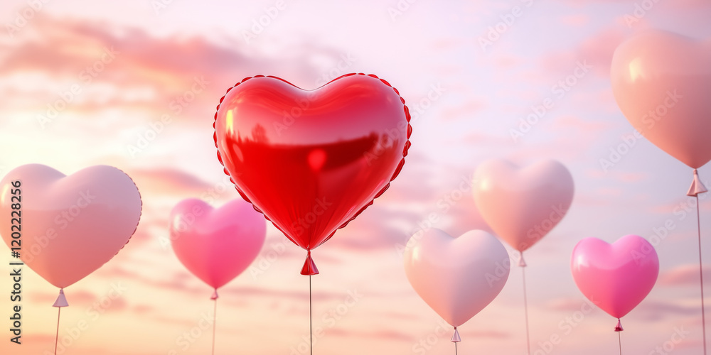 Heart-shaped balloons in red, pink, and white with a large centerpiece against a pink sky background Heart-shaped balloons in red, pink, and white with a large centerpiece against a pink sky background