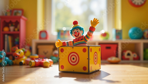 Cheerful clown emerging from Jack-in-the-Box toy in playroom, nostalgia photo