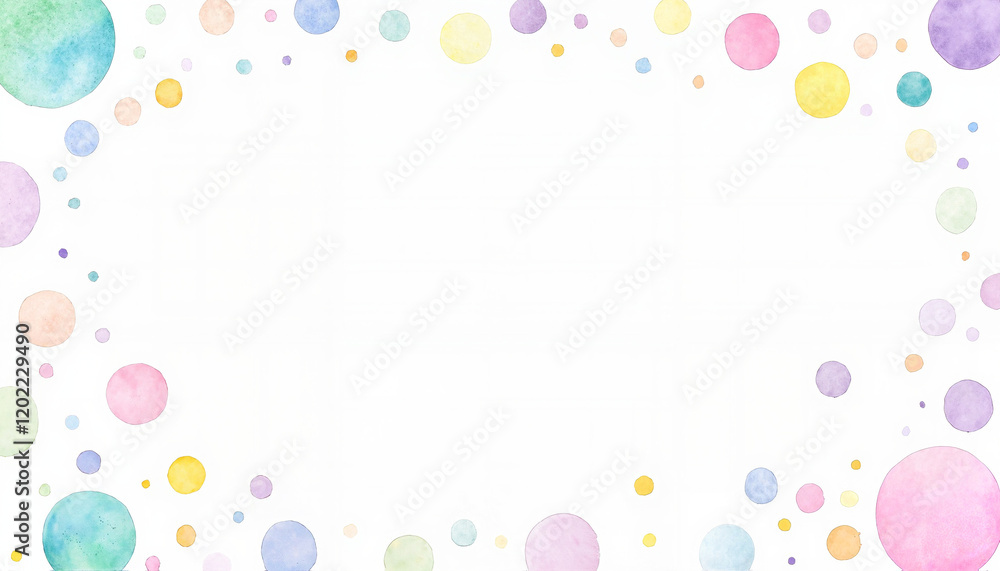 Watercolor pastel bubbles in soft pink, yellow, and blue tones on a white background leaving space for text Watercolor pastel bubbles in soft pink, yellow, and blue tones on a white background leaving space for text