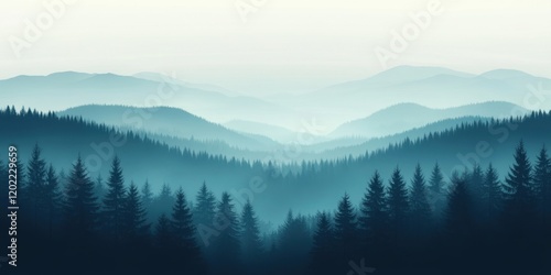 Rolling mountains and dense forests enveloped in morning mist create a tranquil atmosphere, inviting contemplation and appreciation of nature's beauty