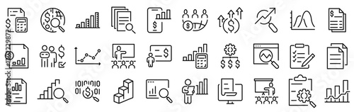 Set of 30 outline icons related to Financial analytics, estimation. Linear icon collection. Editable stroke. Vector illustration