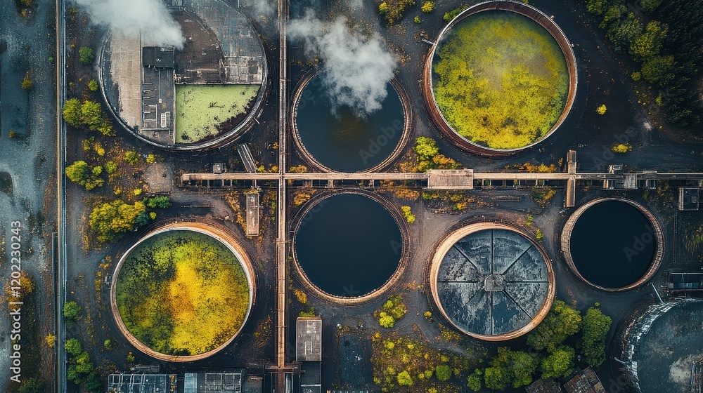 Fototapeta premium Industrial power plant from above with vibrant steam rising from cooling towers, creating a dynamic contrast between technology and nature 