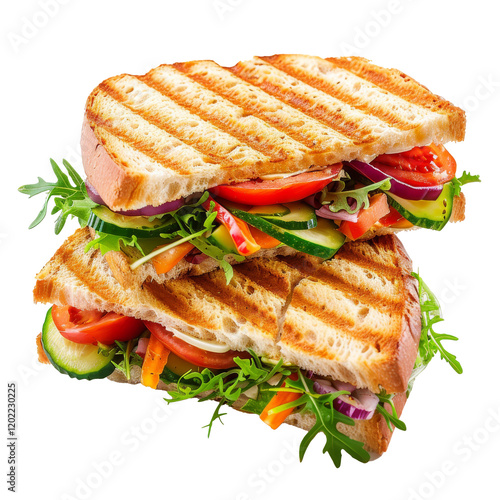 A fresh and delicious panini sandwich filled with a variety of colorful vegetables, perfect