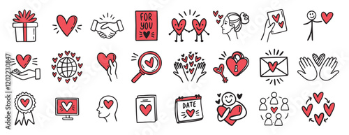 Valentine day love and hearts doodle hand drawn icon set. Outline drawing love line clipart symbol collection