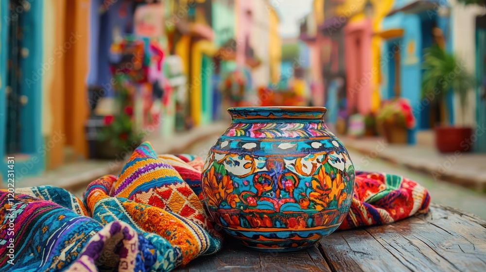 Handpainted pottery vase with latin american textiles and street scene Handpainted pottery vase with latin american textiles and street scene