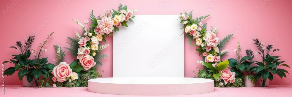 A stunning white podium standing alone on a soft pink background adorned with elaborate floral designs and lush greenery, white podium, minimalist aesthetic, advertising space A stunning white podium standing alone on a soft pink background adorned with elaborate floral designs and lush greenery, white podium, minimalist aesthetic, advertising space