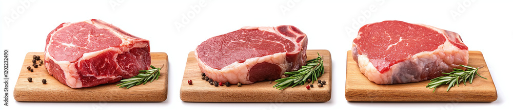 Fresh raw meat cuts displayed on wooden boards with herbs Fresh raw meat cuts displayed on wooden boards with herbs