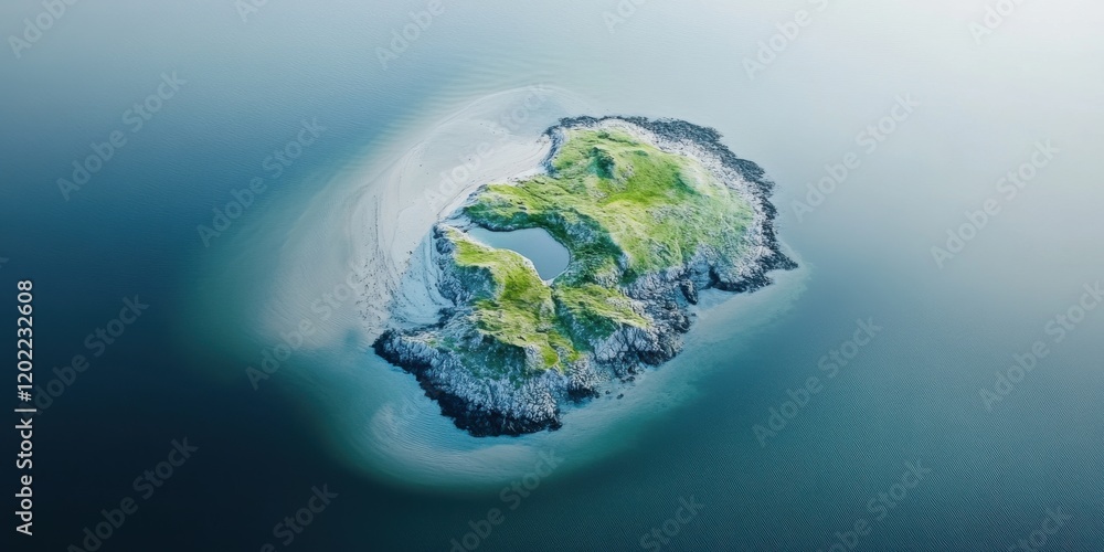 Fototapeta premium A small, lush green island rises from tranquil waters, revealing rocky shores and diverse vegetation under clear blue skies in broad daylight