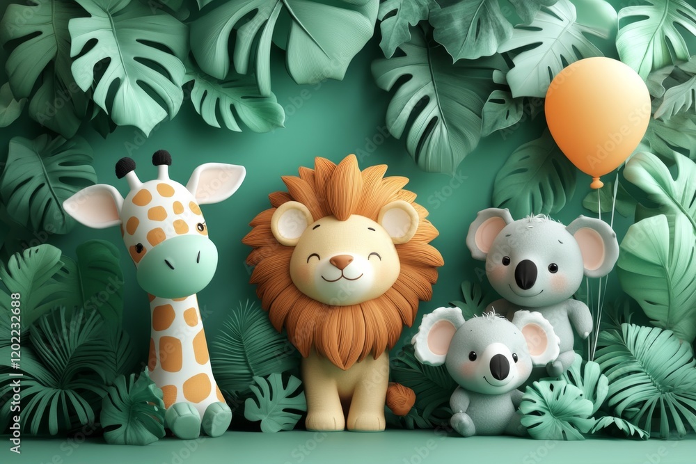 Adorable 3D Render of Safari Animals Giraffe, Lion, and Koalas amidst Lush Tropical Foliage with Balloon Adorable 3D Render of Safari Animals Giraffe, Lion, and Koalas amidst Lush Tropical Foliage with Balloon