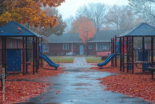 Autumn Playground Scene With Two Play Structures photo