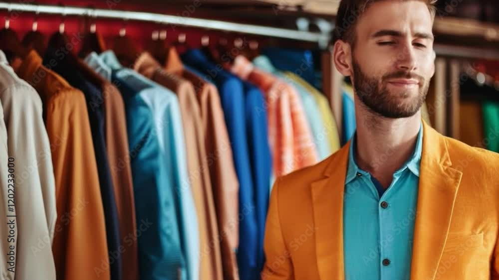 Man in a brightly colored suit choosing clothes in a boutique. Ideal for fashion blogs, advertising of clothes and accessories.
Man in a brightly colored suit choosing clothes in a boutique. Ideal for fashion blogs, advertising of clothes and accessories.