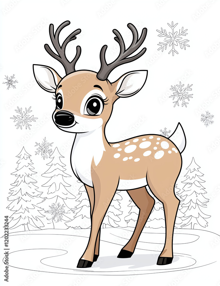 Cute reindeer with antlers standing in snowy landscape, surrounded by snowflakes and trees, perfect for children coloring page Cute reindeer with antlers standing in snowy landscape, surrounded by snowflakes and trees, perfect for children coloring page
