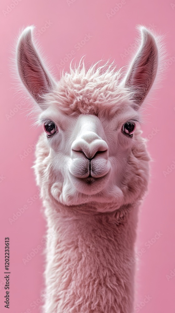 Obraz premium Portrait of a fluffy white alpaca against a pink background.