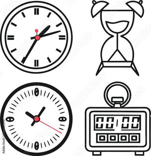 This black and white line art graphic features various timekeeping tools, including a wall clock, an hourglass, and a digital timer.