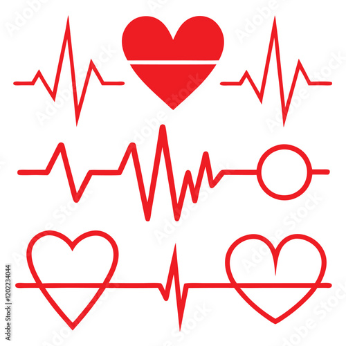 Red Heart and EKG Line Art Graphics Set for Medical or Healthcare Use