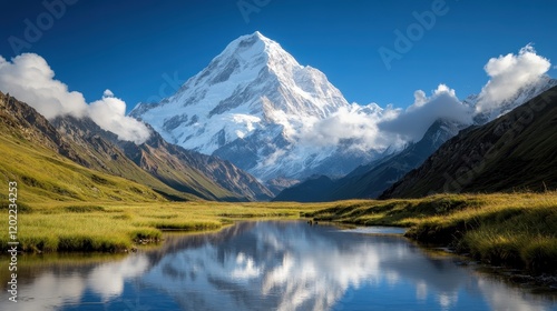 A majestic snow-covered mountain reflects in tranquil blue waters, surrounded by lush green valleys, embodying peace and harmony in nature's grand canvas. photo