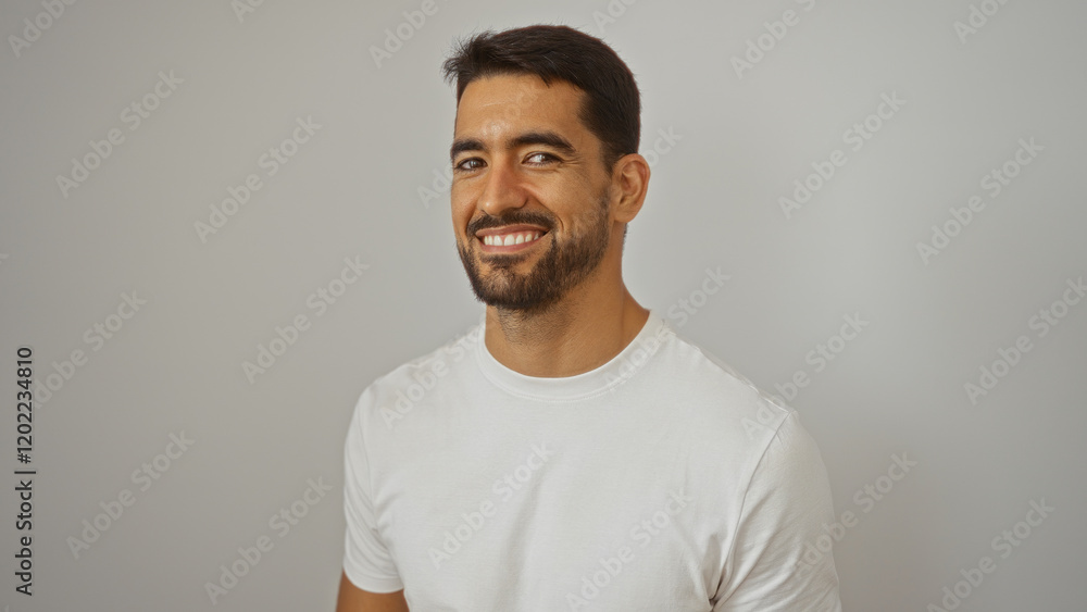 Young hispanic man with a beard smiles confidently against a plain white background, embodying modern charm and relaxed style, ideal for lifestyle and branding images. Young hispanic man with a beard smiles confidently against a plain white background, embodying modern charm and relaxed style, ideal for lifestyle and branding images.