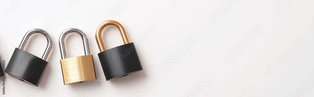 Four padlocks in different colors, including black, gold, and silver, are arranged neatly on white background, symbolizing security and protection Four padlocks in different colors, including black, gold, and silver, are arranged neatly on white background, symbolizing security and protection