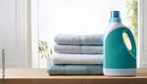 washing gel liquid laundry detergent and cloth softener pile of towels on a timber table towards a light white heritage with replica area photo