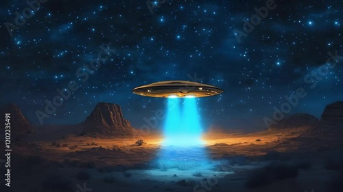 UFO landing on alien planet, illuminating rays, starry night, mysterious atmosphere