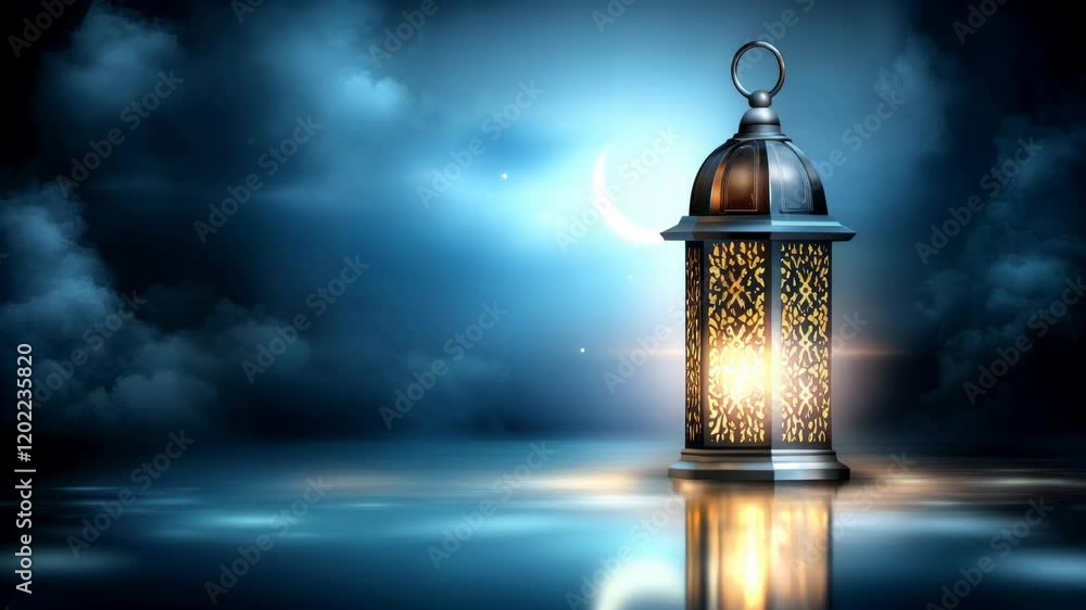 Ramadan Kareem suhoor devotion, Glowing Lantern Casts Intricate Patterns of Light on Reflective Surface at Night Under Crescent Moon Ramadan Kareem suhoor devotion, Glowing Lantern Casts Intricate Patterns of Light on Reflective Surface at Night Under Crescent Moon