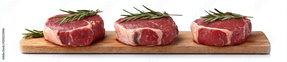 Fresh meat steaks with rosemary on wooden board, perfect for grilling or cooking. vibrant colors and textures evoke sense of culinary delight and freshness Fresh meat steaks with rosemary on wooden board, perfect for grilling or cooking. vibrant colors and textures evoke sense of culinary delight and freshness