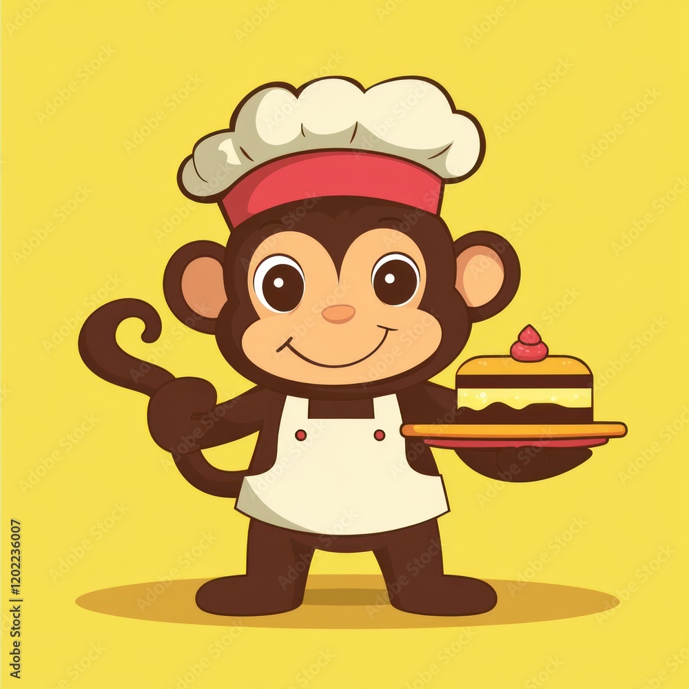 Happy monkey chef baking cake, yellow background, food illustration, recipe website Happy monkey chef baking cake, yellow background, food illustration, recipe website