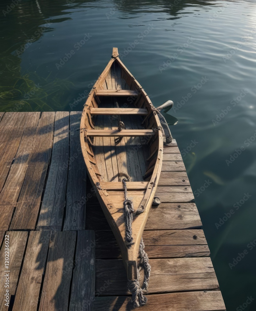A tiny rowing boat tied to a wooden pier with an anchor , boat, wood, rowing A tiny rowing boat tied to a wooden pier with an anchor , boat, wood, rowing