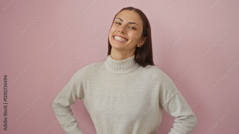 Young hispanic woman smiling confidently over pink background, showcasing beauty and positivity Young hispanic woman smiling confidently over pink background, showcasing beauty and positivity